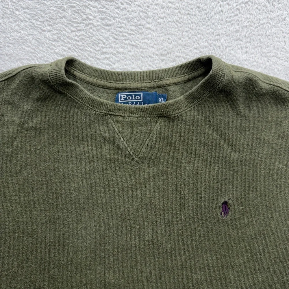 Polo Ralph Lauren Mens‎ XL Olive Green Cotton Crewneck Sweatshirt Purple Pony